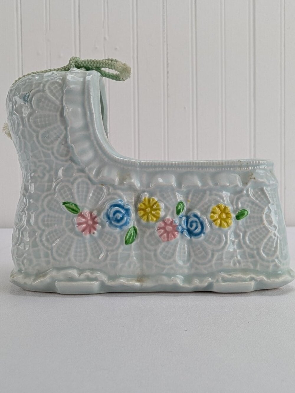 Vintage Inarco Ceramic Blue Baby Bassinet Planter Nursery Home Decor Retro Kid